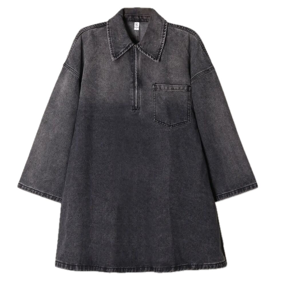 Elengatine Black Denim Quarter Zip Collared Mini Dress Long Sleeve Tunic sz 3XL